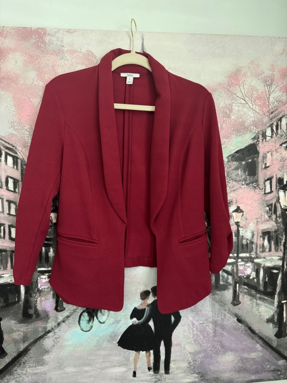 Women's Open-Front Burgundy scrunch   sleeve blazer